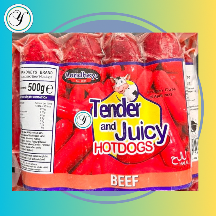 FROZEN MANDHEY'S TENDER & JUICY BEEF HOTDOGS-500G