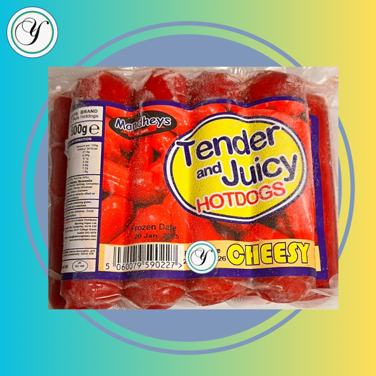 FROZEN MANDHEY'S TENDER & JUICY CHEEZY PORK HOTDOGS-500G